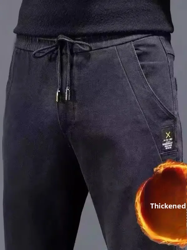 

Thiened Fce Lined Straight Leg Men's Jeans Casual High Waist Winter Wear Resistant Comfortable Polyester Fiber Jeans