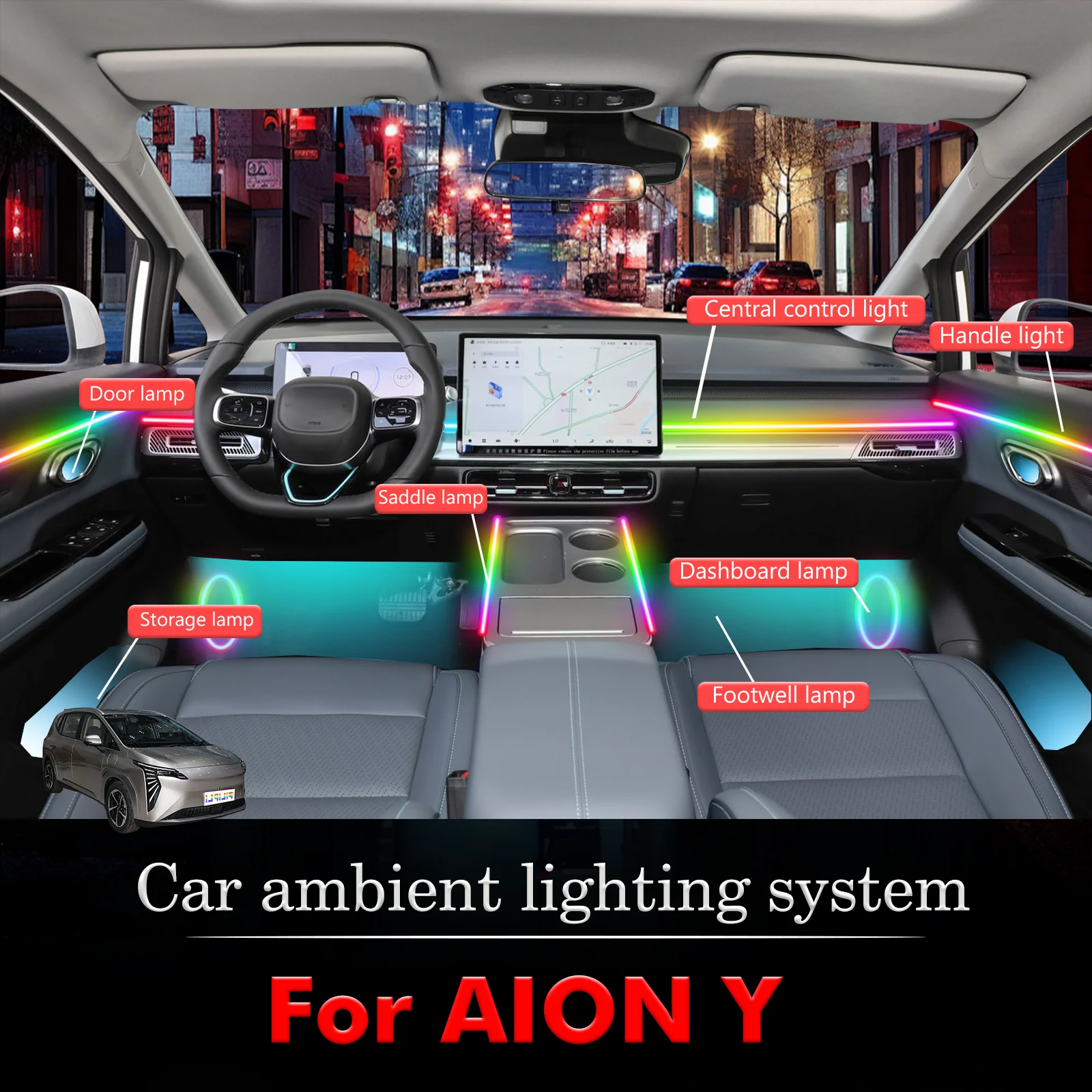 

For AION Y Car Interior Decorative Ambient Light RGB 64-Color LED Smart Remote Control Energy Saving Kit