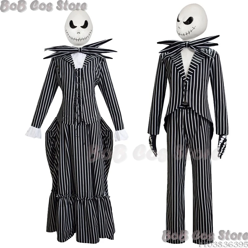 Halloween Nightmare Women Cosplay Costume Mask Dress Men Couple Christmas Jack Striped Suit Pants Skirt Skull  Party Scary Movie