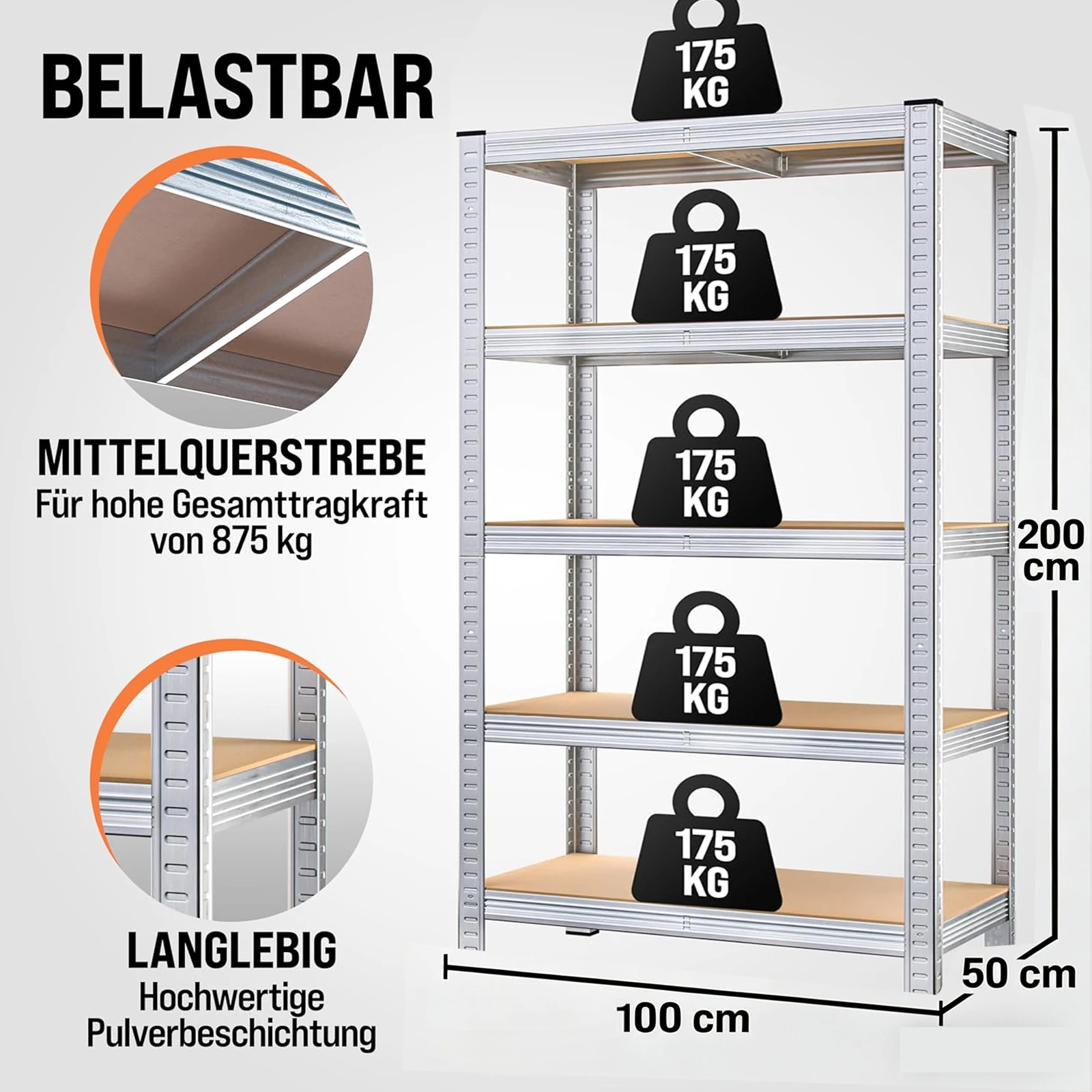 Schwerlastregal 200x100x50cm, 875 kg Traglast, 175 kg pro Ebene, 5 Böden Regal und Werkbank, Kellerregal, Lagerregal, Silber