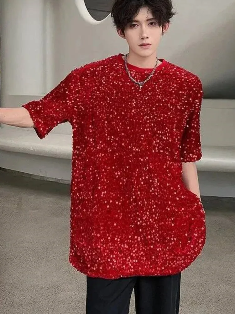 Niche Trendy Men's Sequined Design T-shirt Multiple Colors Loose Casual Pullover Tops O-neck Short Sleeve Summer Tee FHQ0