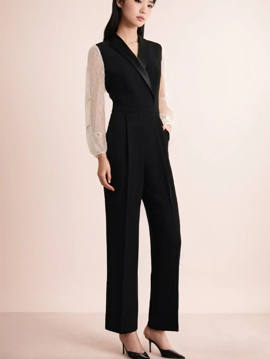 กางเกงขายาวทรงเอวสูงผ้าบางประดับเพชรแบบติดกาว รุ่นใหม่สำหรับผู้หญิง ฤดูใบไม้ผลิและฤดูใบไม้ร่วง คอเสื้อแบบสูท ผ้าอะซิเตท