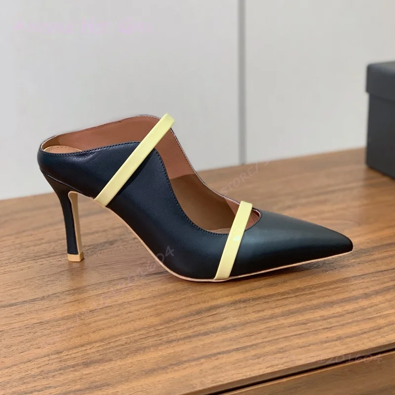 

Black Leather Crescent Side Hollow Stiletto Sandals Women Pointed Flat Slipper Mixed Colors Belt Buckle Summer Heels Casual Shoe