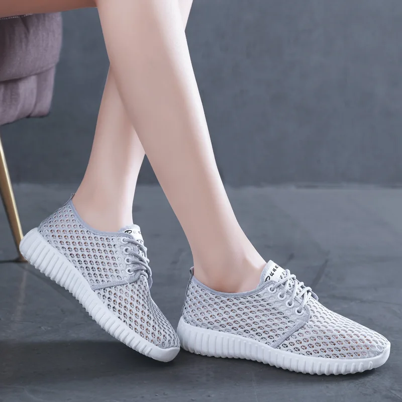 Womens Shoes Hollow Out Breathable Lace Up Flats Breathable Mesh Lightweight Shoes Casual All-match Sneakers Zapatos De Mujer