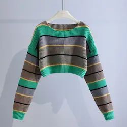 High Waisted Short Striped Sweater for Women in Autumn and Winter Loose Fit Lazy Style Long Sleeved Knitted Sweater Top