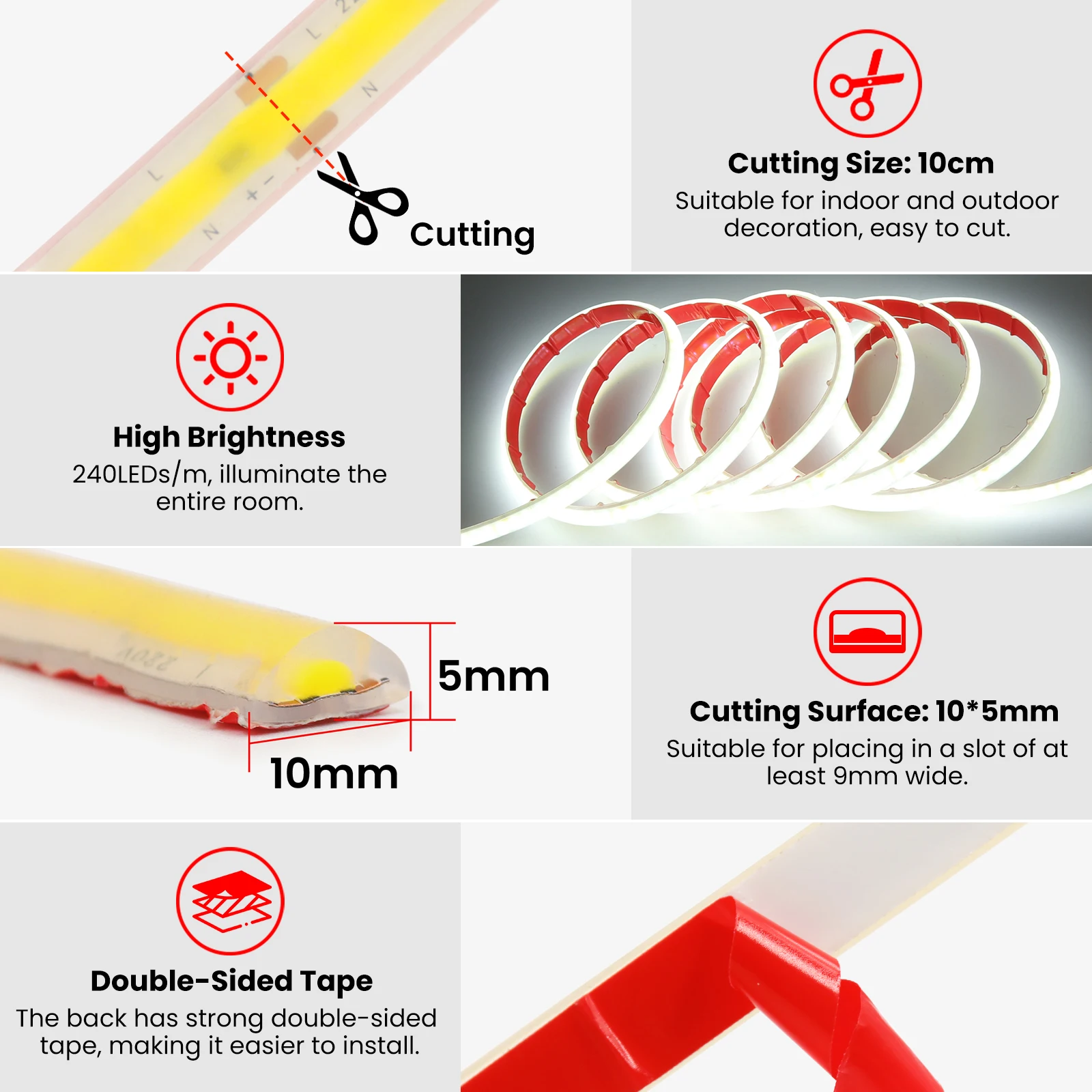 220V COB LED Neon Strip Adhesive With/NO Switch Plug 240LED/M 10CM Cut Flexible Silicone Ribbon Tape Home Garden Lighting 1-100M