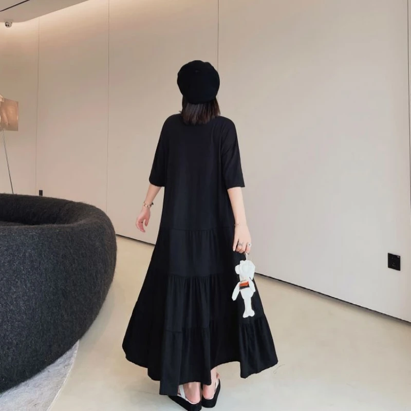 Oversized Black T-Shirt Long Skirt Midi Dress Summer Plus Size Splice Short Sleeve Female Loose  Robe Casual Vestidos Clothing