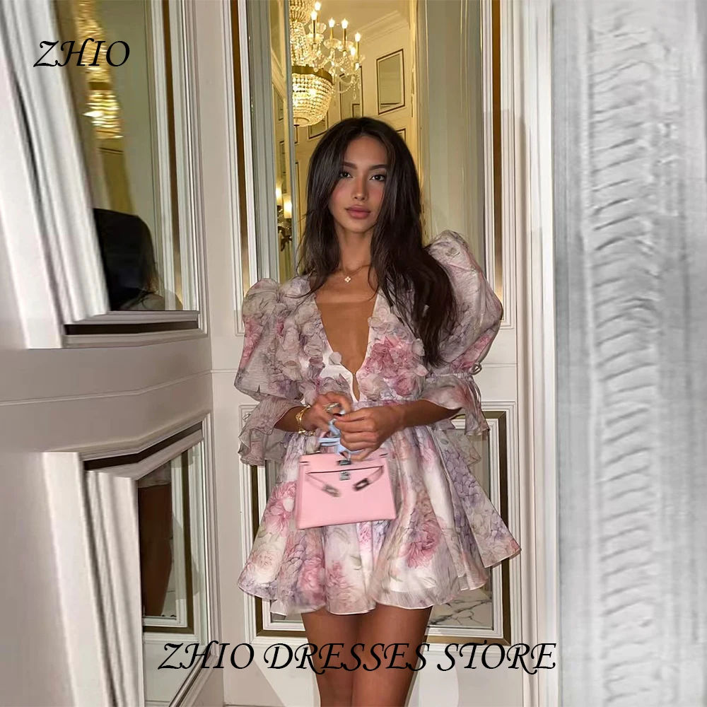 

ZHIO Elegant Homecoming Pleated Print Mini A-line Dress Party Club V-neck Short Sleeve High Waist A-line Dress Customized