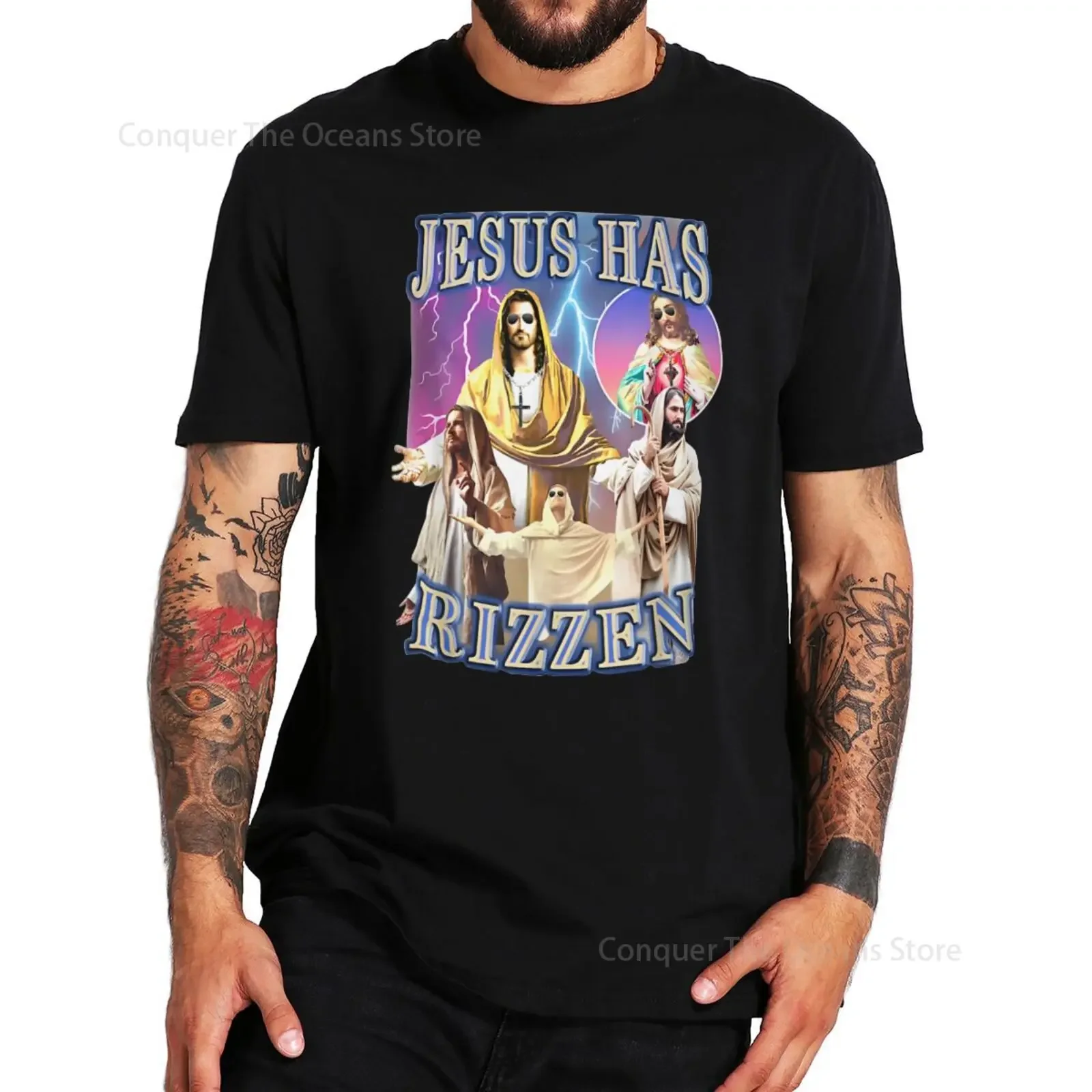 Jesus Has Rizzen Printed Men\'s T-shirt Retro Christian Religious Harajuku Streetwear Cotton O-neck Oversize Vintage Streetwear ﻿