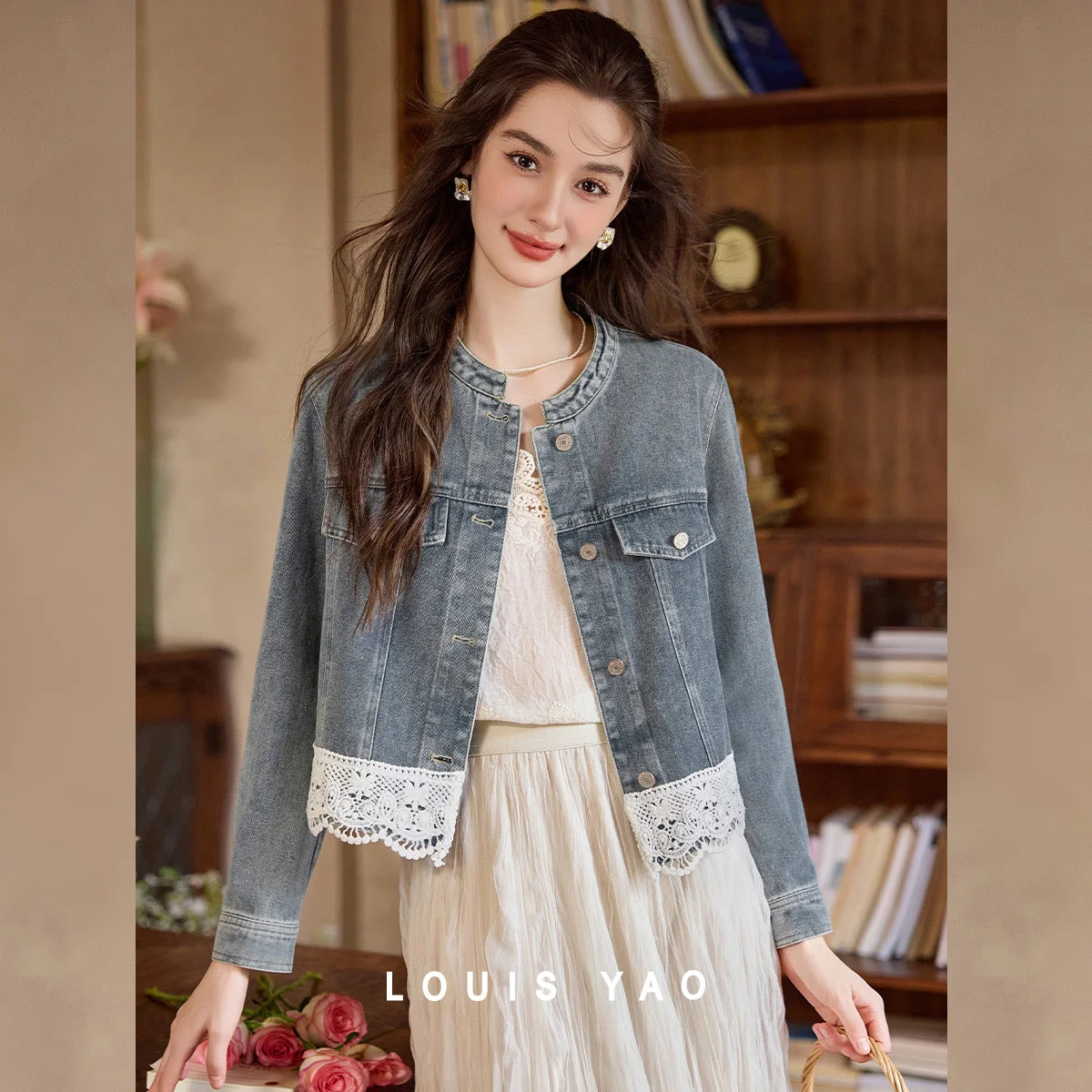 

LOUIS YAO Lace Splicing Denim Coat 2026 Spring Fashion Women's Cardigan Top Sweet Round Neck Dropped Shoulder Denim Jackets
