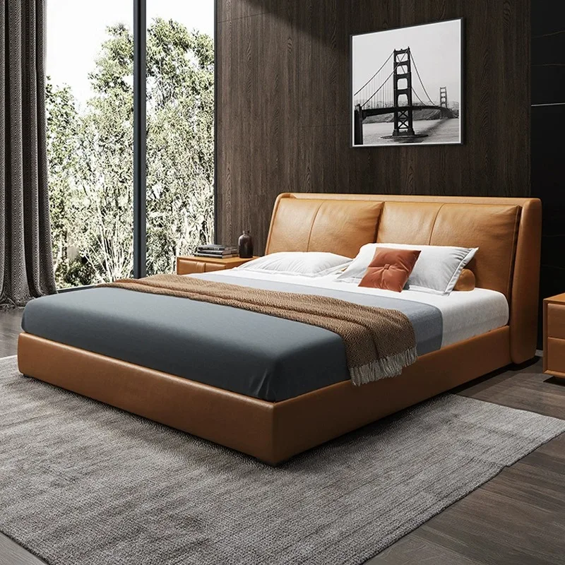 Foshan factory Italian light luxury leather 1.8 meters genuine leather modern simple Nordic double  bedroom orange leather Bed