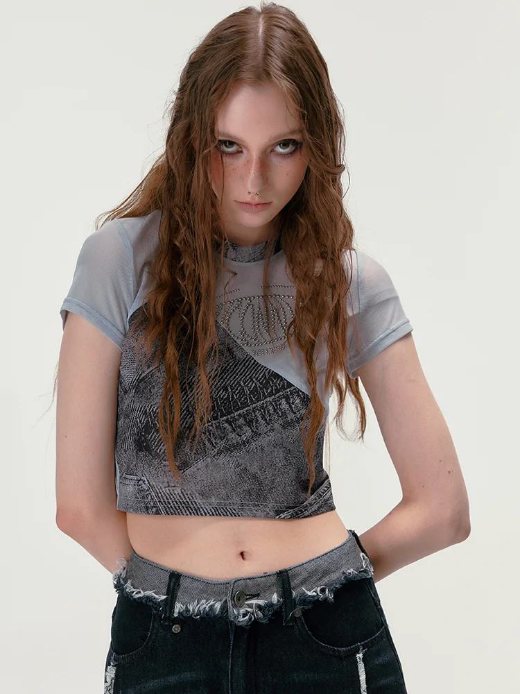 

High Waist ort Sve Me Splicing Print Jeans Metal Rivet ort Dr for Young Women Summer Commute Sle Creative Pattern