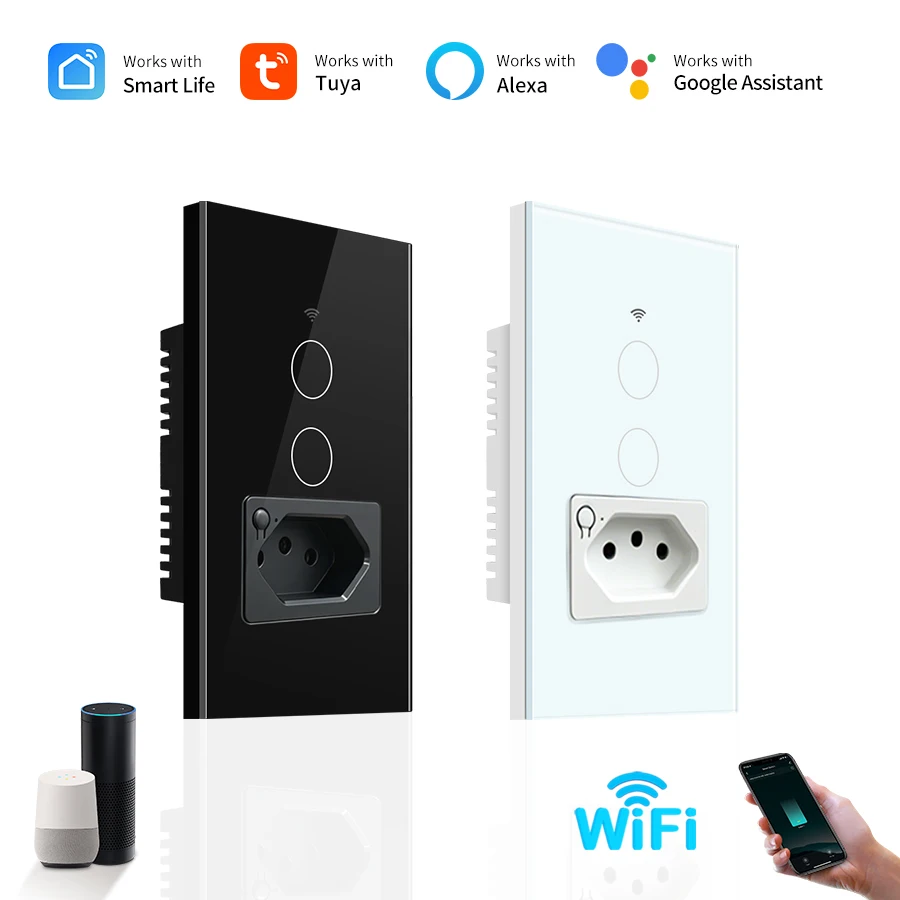 Tuya WiFi Smart Switch with Brazil Socket 1/2 Gang Touch Wall Switch Smart Life App Remote Control Works with Alexa Google Home