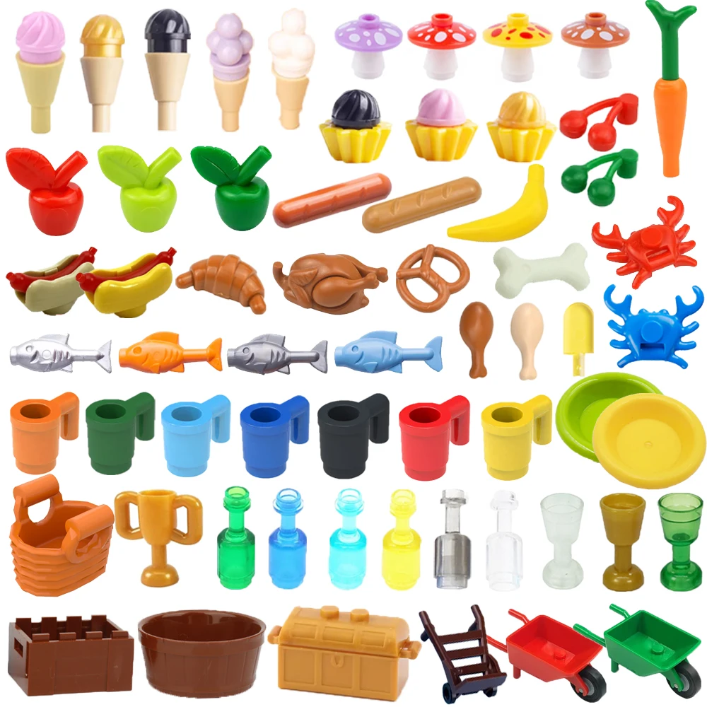 MOC City Food Building Blocks Mini Accessories Apple Fish Hot Dog Ice Cream Chicken Pizza Figures Bricks Kit Compatible Toy K041