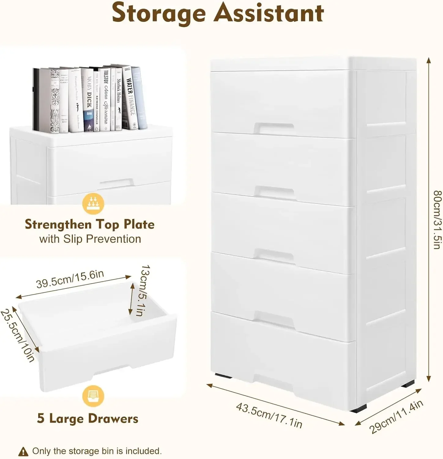 

5 Drawers Plastic Storage Cabinet Detachable Drawer Tower Case Clothes Organizer Vertical Clothes Storage Cabinet with 4 Wheels