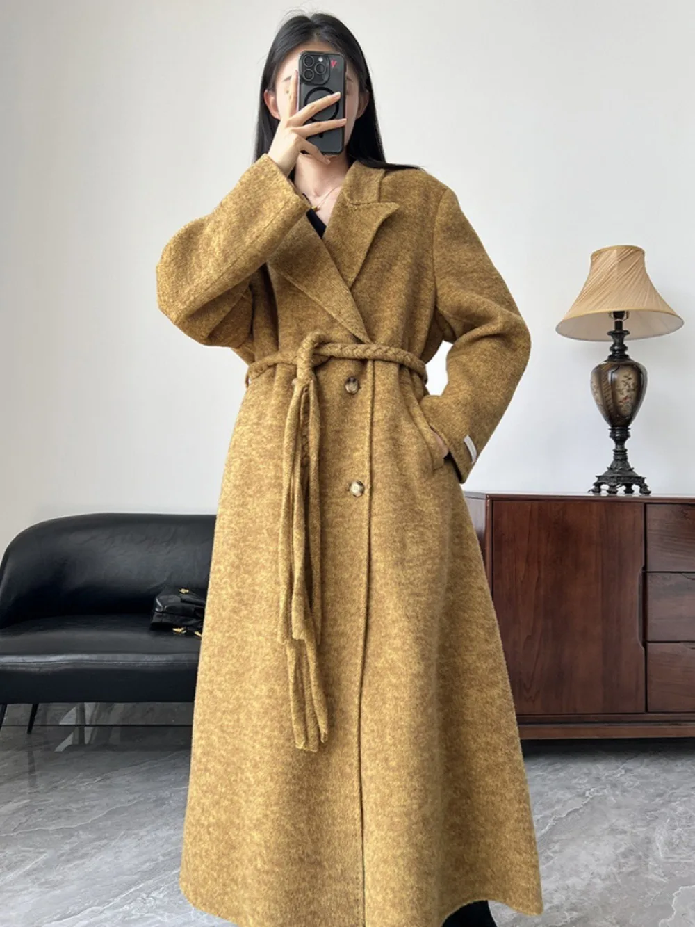 2024 New High-End Wool Woven Belt Suit Collar Double-sided Woolen Coat Women Winter New Elegant Wool Loose Slim Long Coats