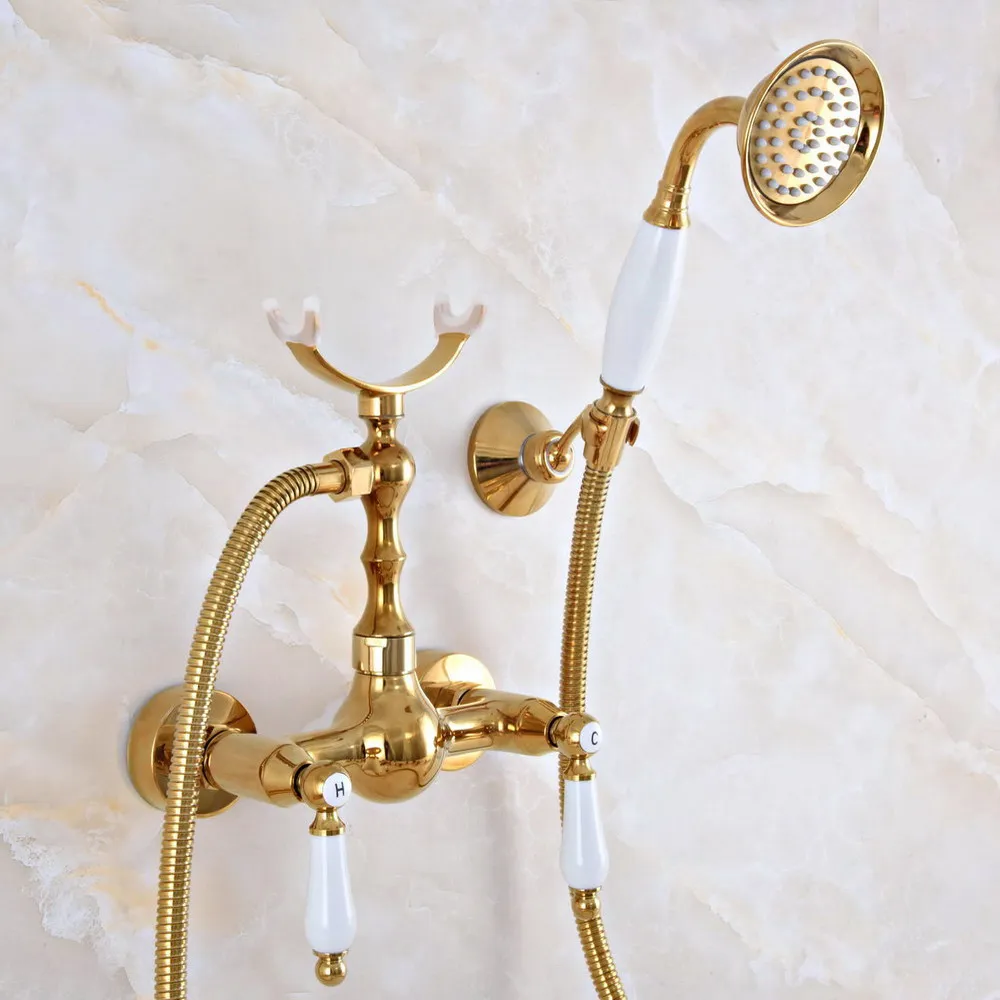 

Contemporary Gold Color Brass Wall Mounted Bathroom Shower Faucet Set with 150CM Hose Handheld Spray Head Mixer Tap Dna925