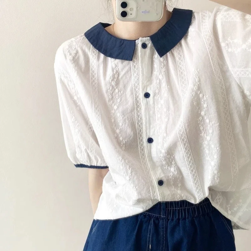 White Button Solid All-match Youth Blouse Summer New Short Sleeve Contrast Loose Fashion Shirt Tops Sweet Korean Women Clothing