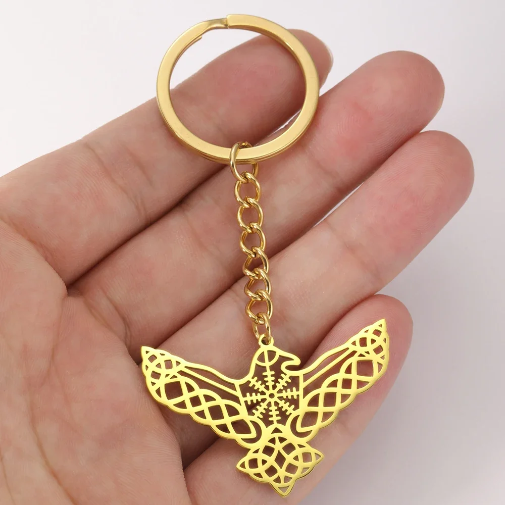 Dawapara Animal Totem Raven Owl Eagle Keychain Aegishjalmur Mythology Bird Protection Amulet Stainless Steel Jewelry