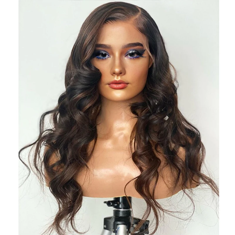 HD Lace Soft Highlight Brown Wave 28inch 5x5 Silk Base Glueless Jewish Human Hair Wig With Baby Hair European Hair Preplucked