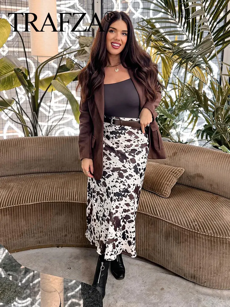 

TRAFZA Summer Woman New Fashion High Waist Side Zipper Slim Casual Long Skirt 2025 Women Print Belt Decorate Skirt Mujer