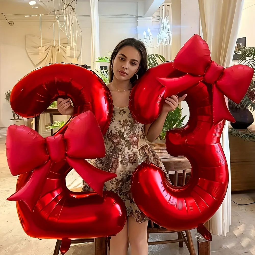 2pcs/set 32inch Red Number Digital Balloon With Red bowknot Foil Balloons for Birthday Party and Anniversary Decoration Gifts
