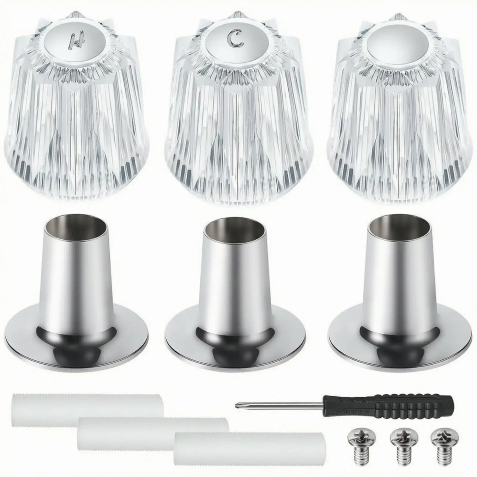 3 Piece Acrylic Shower Handle Kit with Cone Shaped Base for Bathtub Fixture Replacement 12 Tooth Spigot Wall Mount