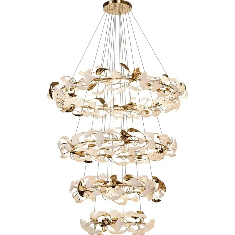 Ginkgo Leaf Ring Hanging Chandelier For Staircase Stairway Loft Living Room Ceramic Leaf Celing Chandelier For High Ceiling