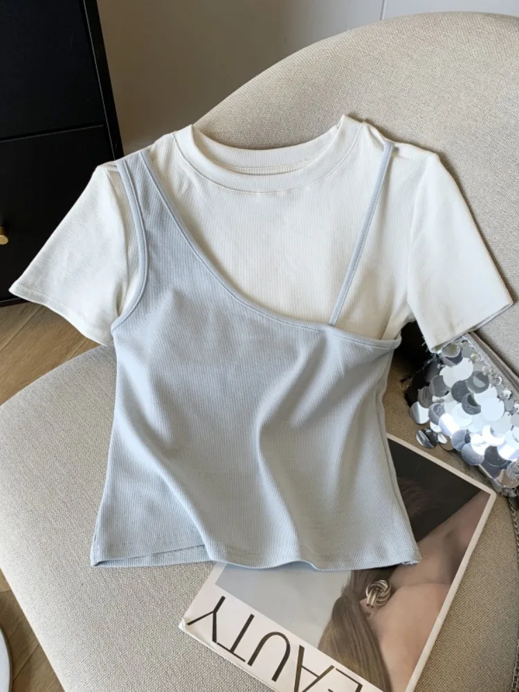 Cseta de Manga Corta con Cuello Redondo y Bloques de Color Estilo Coreano para Mujer, Top de Moda Único para Otoño, Tejido...