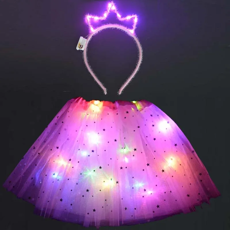 Girl Kids Light Tutu Led Skirt Glow Cat Ear Crown Headband Party Gift Birthday Gift Luminous Costume    Christmas navidad