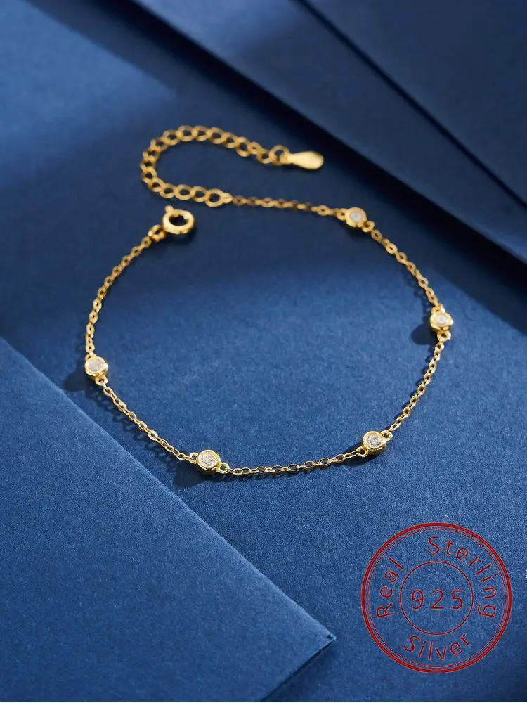 925 Sterling Silver Fashion Simplicity Golden Round Beads Zircon Bracelet For Women Anniversary Party High Quality Fine Jewelry
