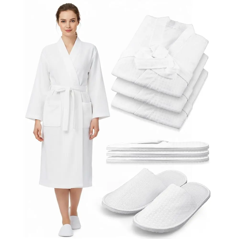 

Waffle Bathrobe and Slippers Bulk Set Spa Robes Hotel Bath Lightweight Thin Commercial Soft for House Shower Party