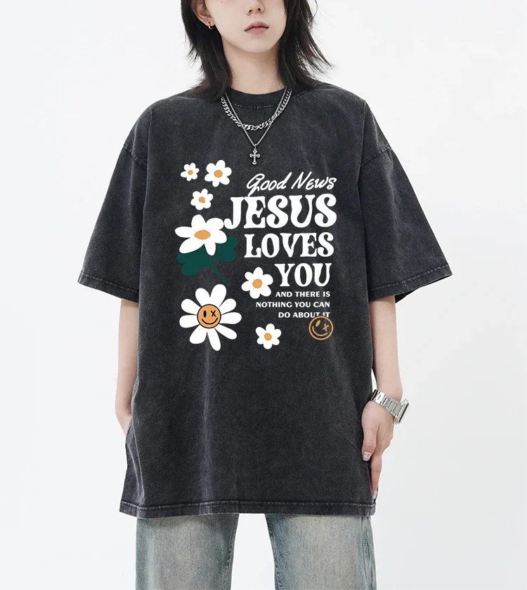 Good News Jesus Loves You Print Snow Wash T Shirt Female Summer Cotton Tee Shirts Loose Crewneck  Clothes Unisex Short Sleeve