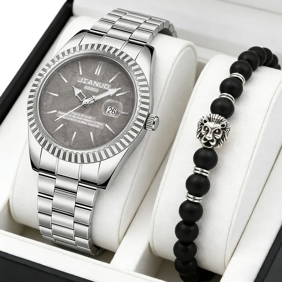 Business Men's Watch 2-Piece Calendar Steel Band Classic Design Simple Casual Quartz Watch Men