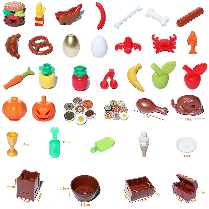 MOC Building Blocks Food Accessories Food Fish Bread Pizza Chocolate Fruit Carrot Hamburger Chips Chicken Bottle Bricks Toys