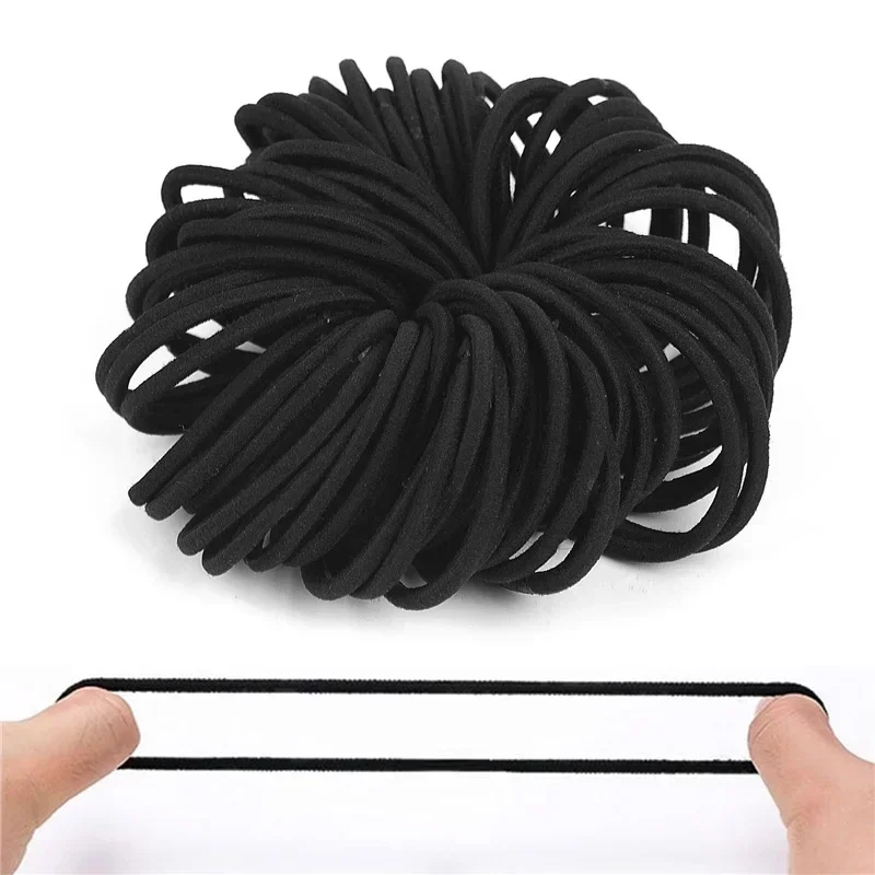 Elastic Hair Rubber Bands para Mulheres e Meninas, Hair Tie Ropes, Ponytail Titulares, Headbands, Scrunchies, Preto, 3mm,4mm,6mm, 50Pcs