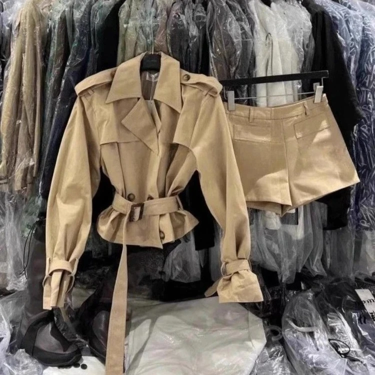 Conjunto de 2 piezas de otoño para mujer, abrigo de manga larga + pantalones cortos de pierna ancha de cintura alta Vintage, trajes Retro ajustados, estética, Retro, elegante para uso diario