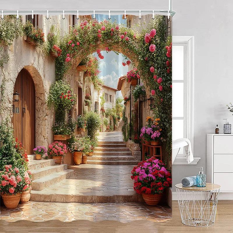Hand-painted Street View Shower Curtains European Garden Cafe Green Plants Flowers Greenery Bathroom Decor Modern Bath Curtain