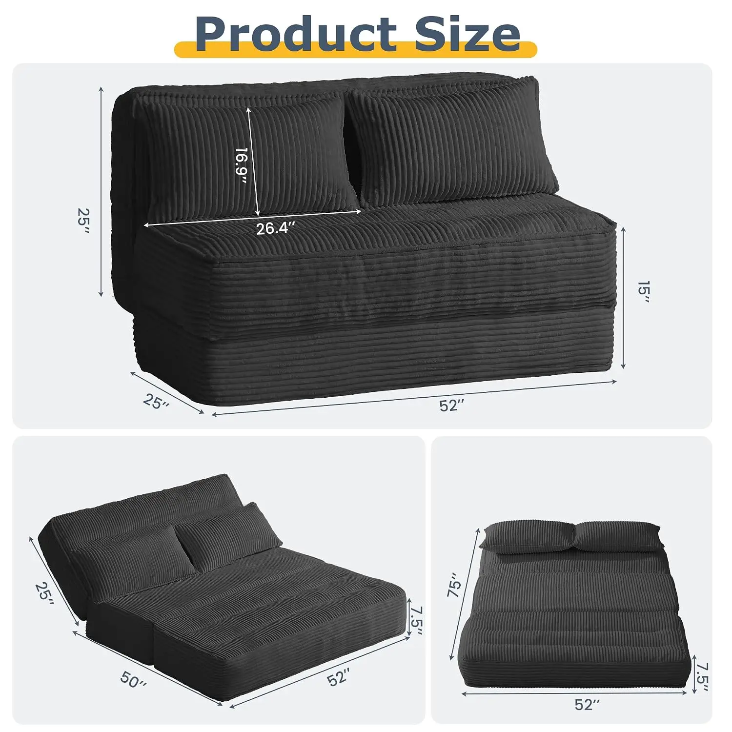Convertible Sofa Bed, Folding Sleeper With 5-Position Backrest & Thick Cushion, Futon With 2 Pillows For Bedroom , Customized