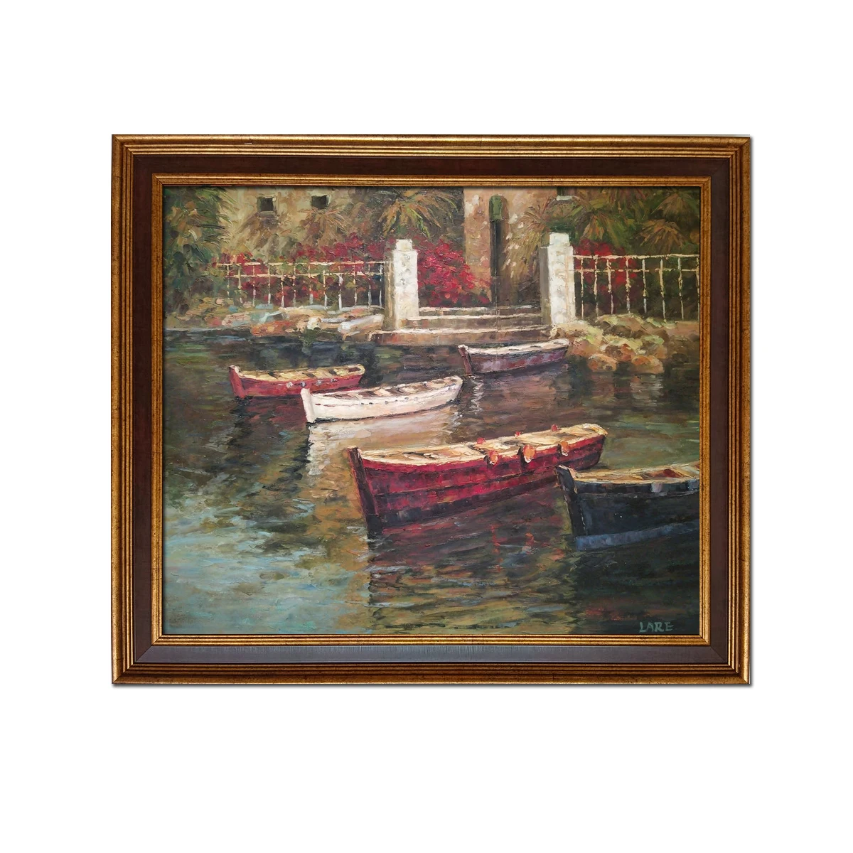 

Golden Framed-High Quality Handpainted Classical Lake Boat Landscape IMPRESSIONISM Oil Painting on Canvas Wall Art-20x24inch