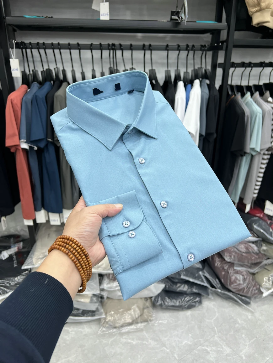 

Busin Casual Long Sve Basic Sle Commute Work irt Men's Pure Color Polyester Blend Fabric Square Collar Slim Fit