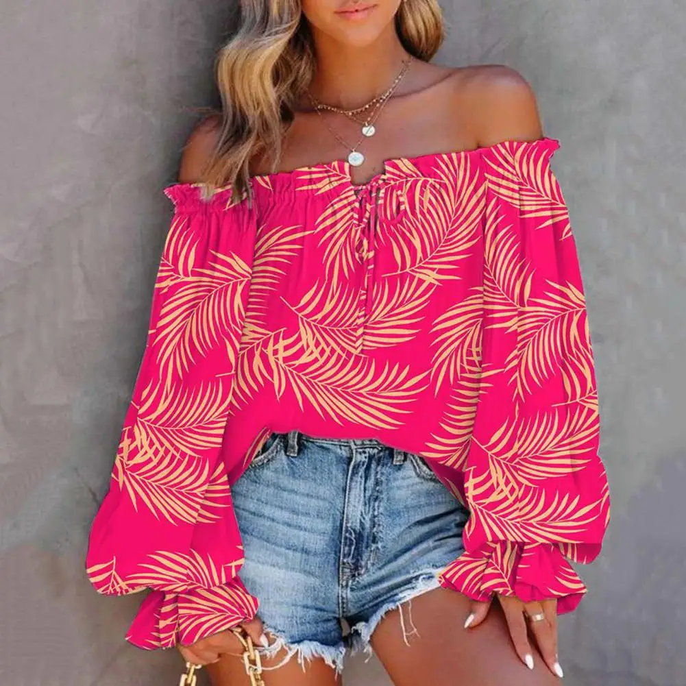 Women Top Off Shoulder Shirring Backless Long Sleeve Colorful Print Lace Up Loose Lantern Sleeve Prom Vacation Blouse Lady Top