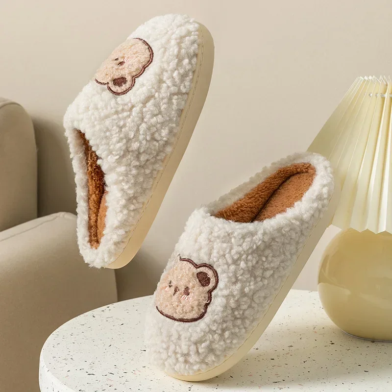 New Women Home Slippers Men Furry Indoor Bedroom Flats Warm Plush Couples Cute Cartoon Bear Winter Floor Slides Non-slip Shoes