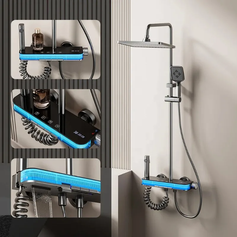 Luxury LED Digital Display Bath Mixer Shower Faucet Set 4-Functions Modern Rainfall System Bathroom Shower Head for Hotel