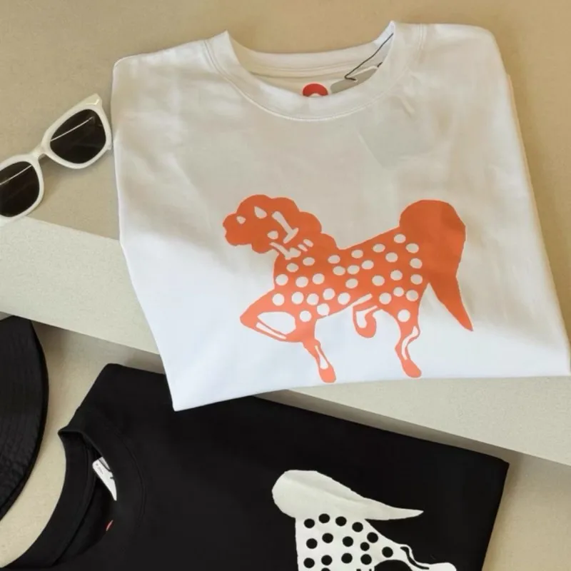 

Men Women Summer Beams Tshirts Spotted Cartoon Horse Silhouette Print Breathable Cotton Short Sleeved Black White Couple Tees