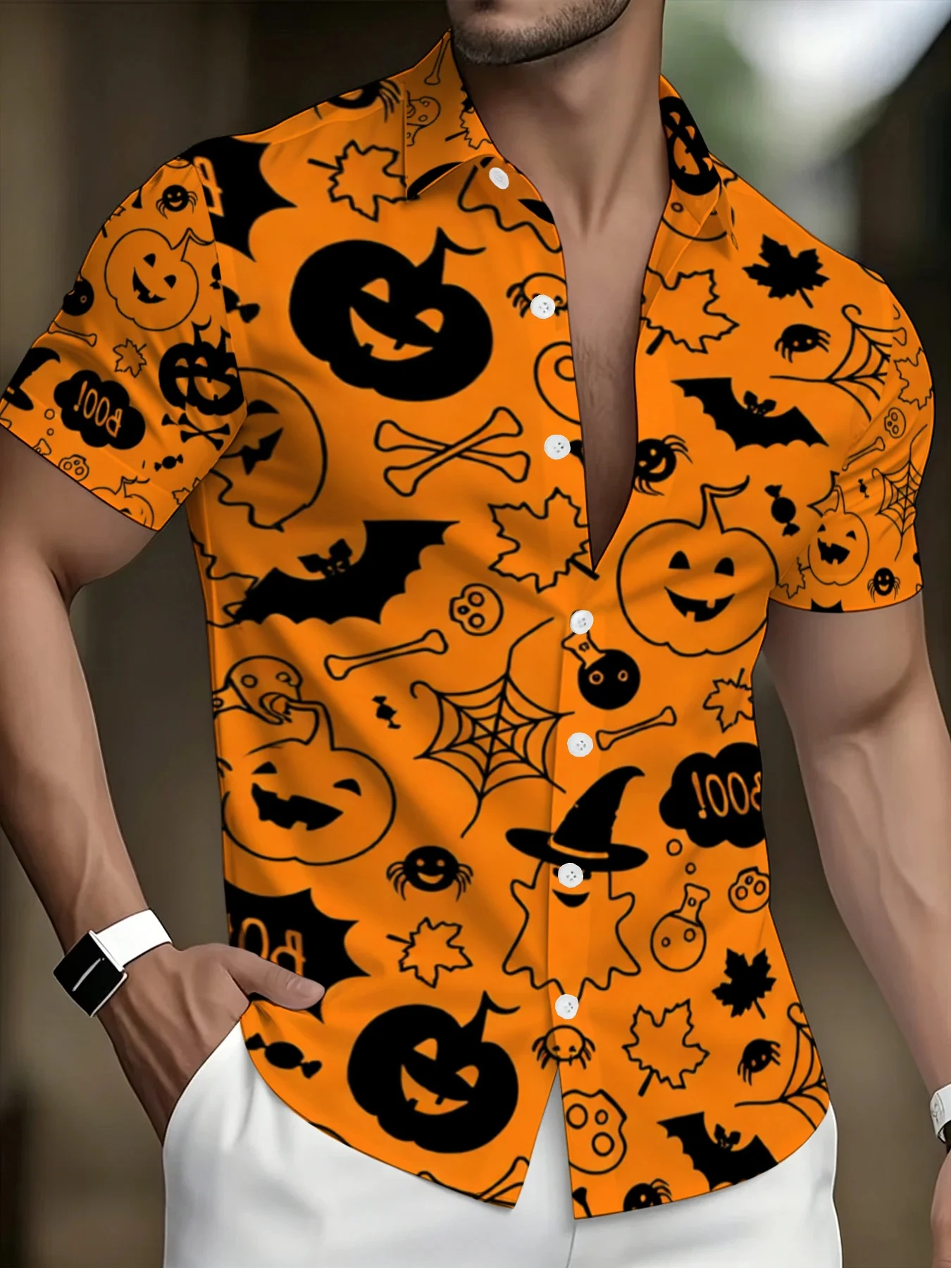 Men Halloween Pumpkin Bat Short Sleeve Shirt Ghost Bone Spider Web Print Turn‑Down Collar Party Shirts