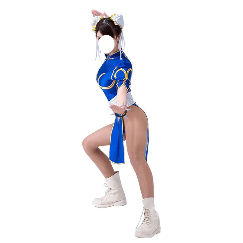 Gioco Chun Li Costume Cosplay Street Fighter Blue Pink Cheongsam Dress donna Halloween Sexy Outfit Set Wristband Sutorito Faita