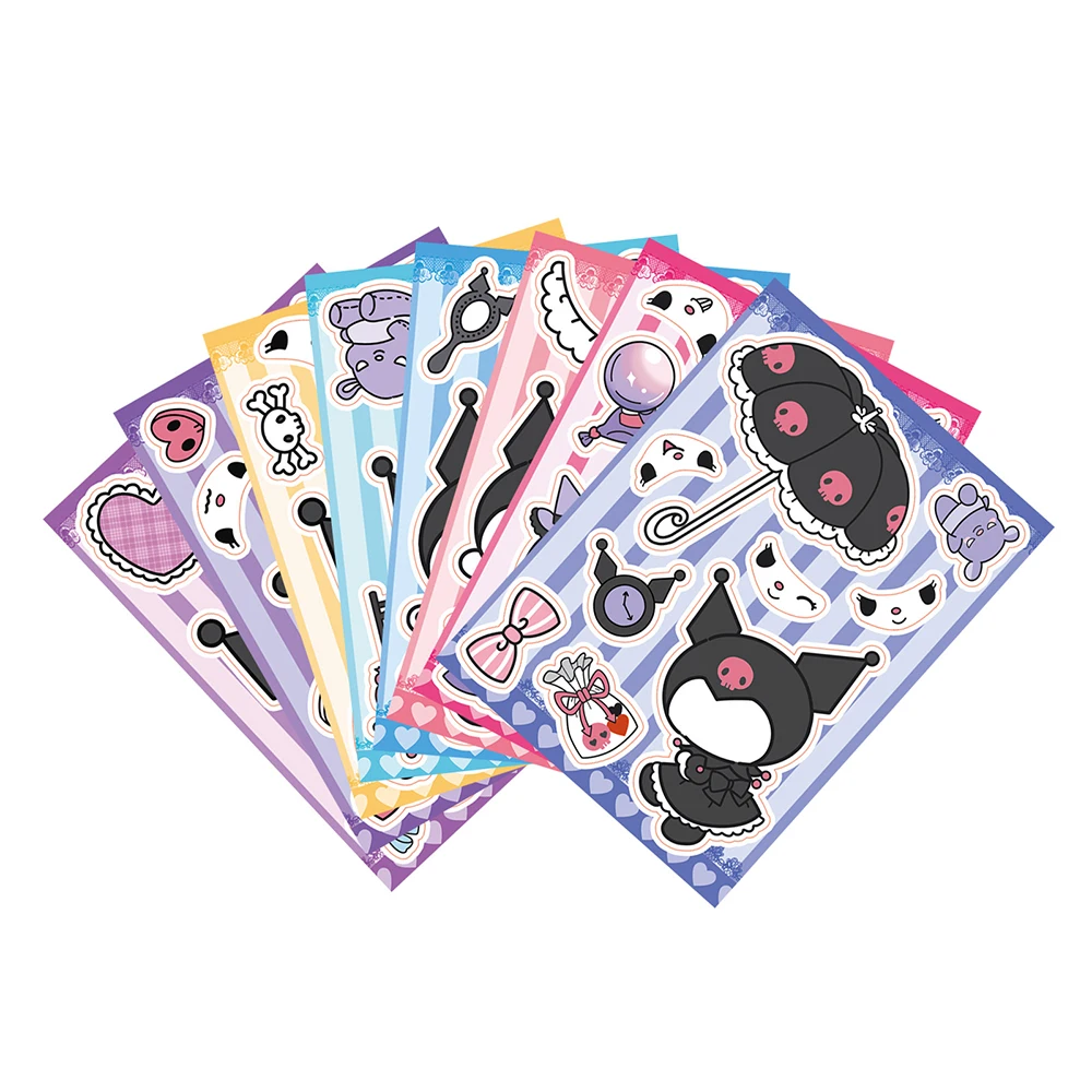 8/16 fogli Kawaii Sanrio Kuromi Puzzle Stickers Make a Face DIY Fun Party Game assemblare Jigsaw decalcomanie Cute Cartoon Kids Toy Gift