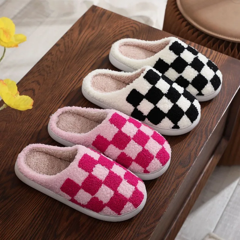 Women Men Slippers Fashion Checker Embroidery Houseshoes Cozy Fluffy House Retro Checkered Print Winter Home Shoes