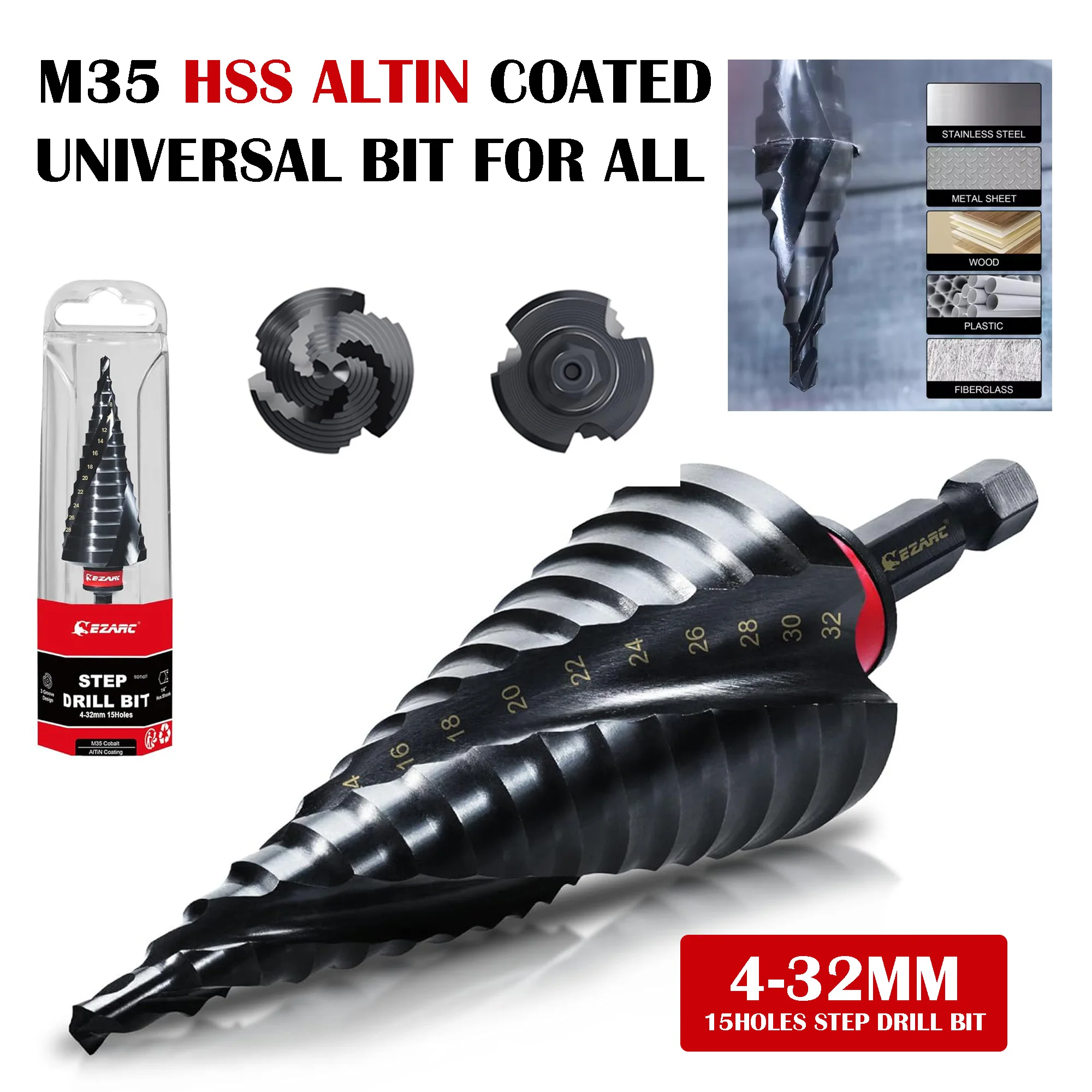 EZARC 4-32mm Step Drill Bit for Metal, M35 Spiral Flute Unibit Step Drill Bit 1PC, Wear-Resistant AlTiN Coated Universal Bit